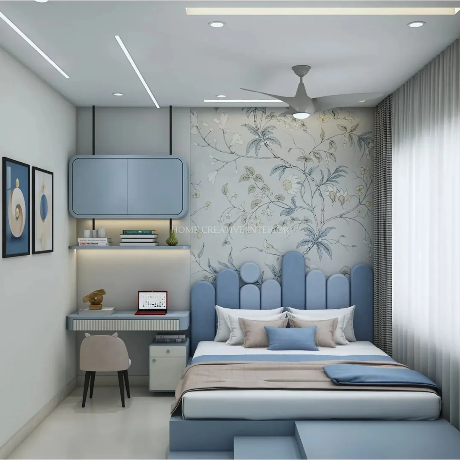 Modern blue bedroom with statement headboard