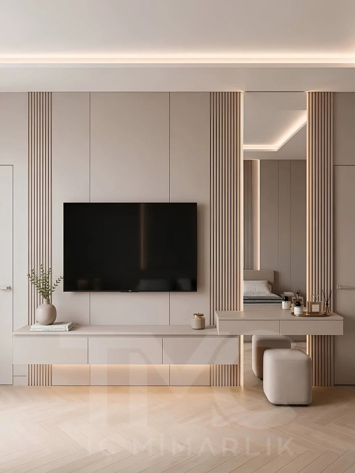 Soft neutral bedroom with study corner