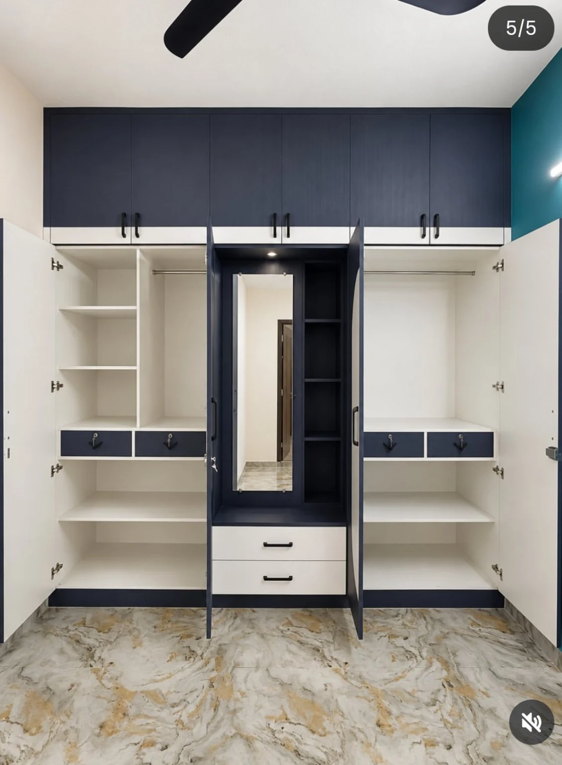 Custom wardrobe with open shelving and mirror