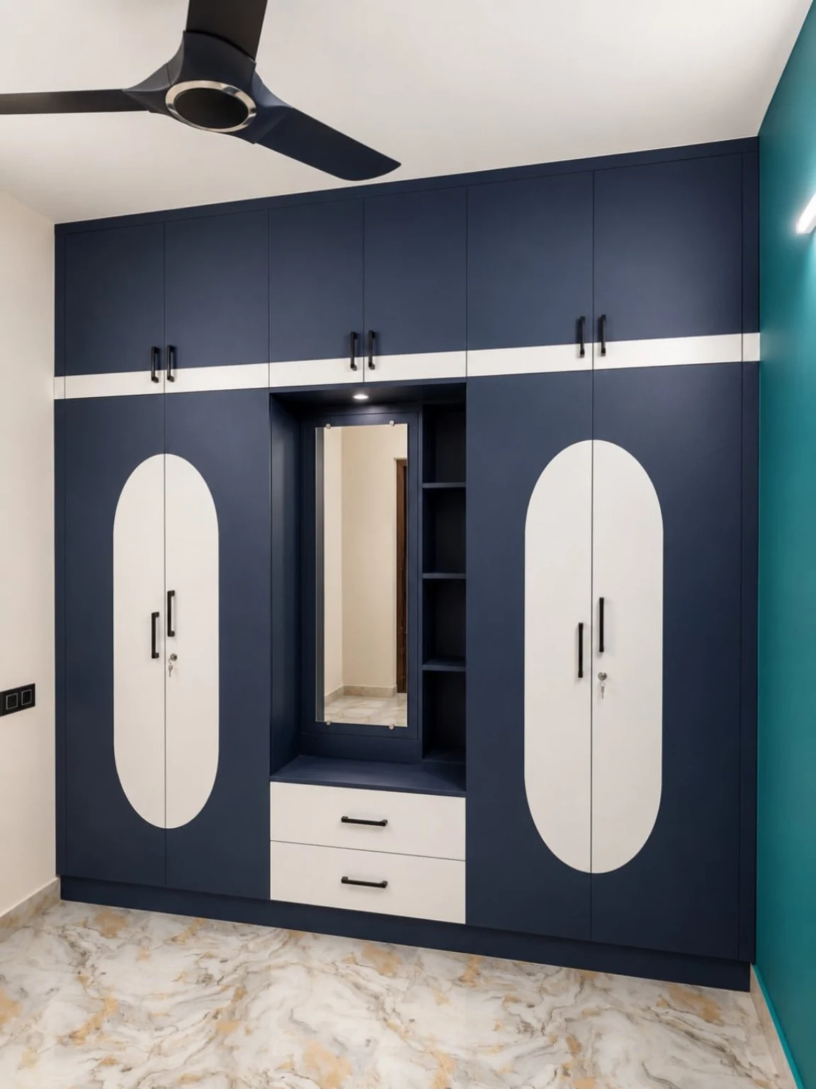 Two-tone wardrobe with central mirror and drawers